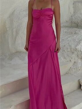 HNTR The Label Gaia Gown Pink Bias Cut Slip Dress Sweetheart Ruched XS NWT